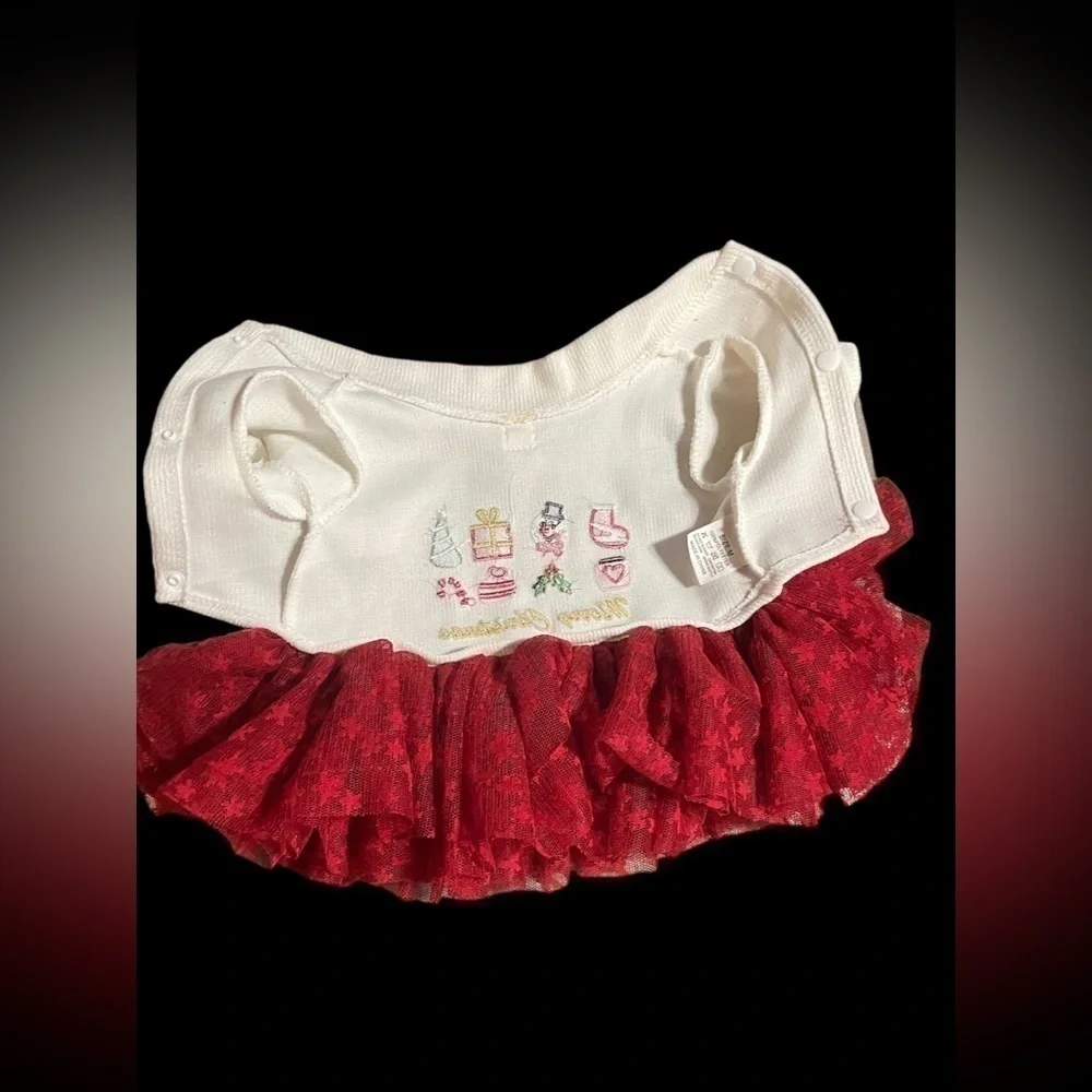 Christmas Puppy Dog Dress Lace Tulle Bottom Leash attachment Beige Red Small